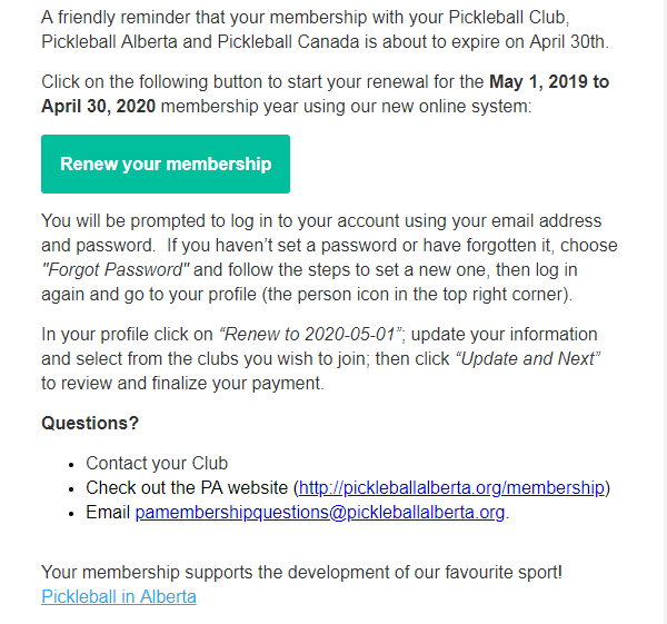 Pickleball Alberta and Red Deer Pickleball Club renewal email