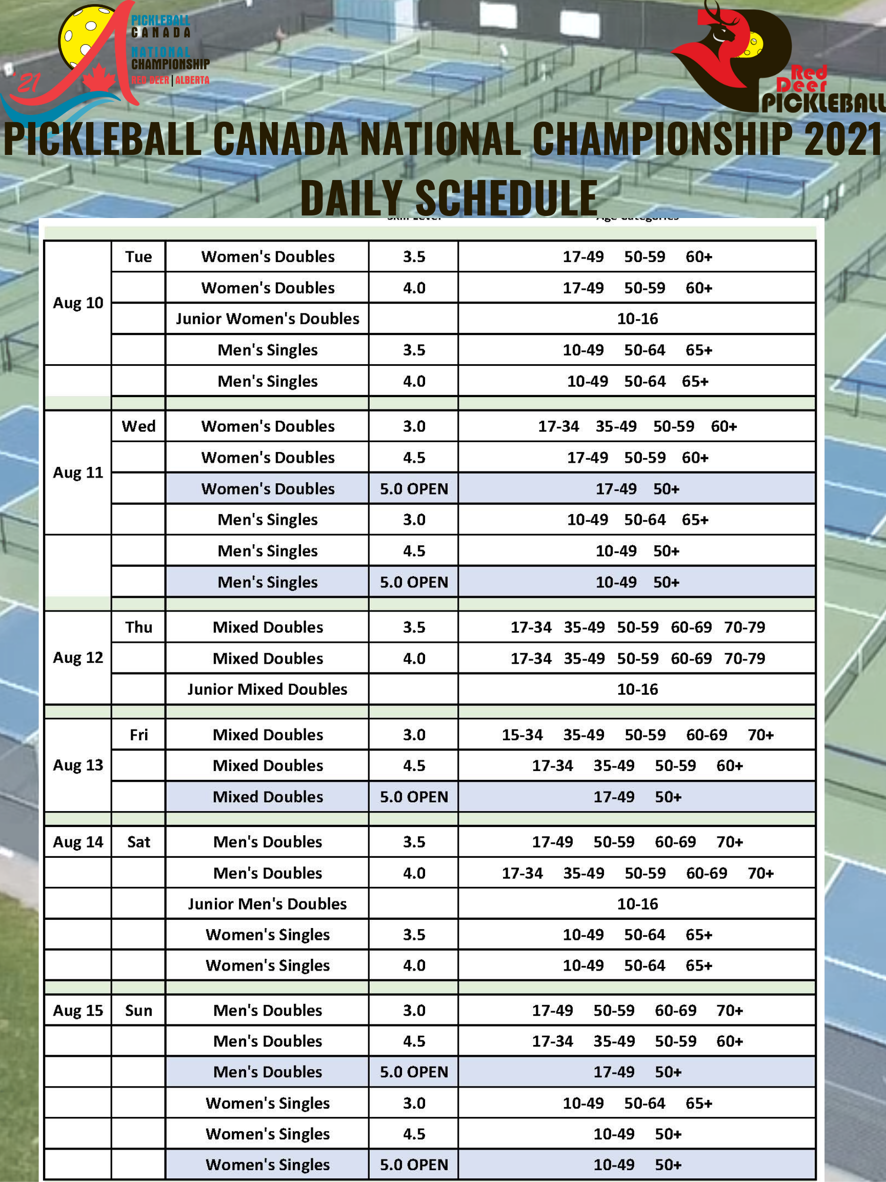 Pickleball Canada National Championship 2021 Daily Schedule